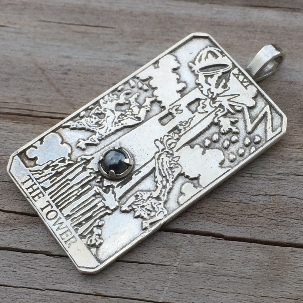Tower Tarot Card Pendant .925 Sterling Silver w/ genuine Hematite gem USA - Picture 2 of 8